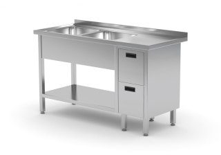 Stół Nierdzewny Gastronomiczny z 2 Zlewami + 2 Szuflady + Półka 140x70 Inoxo 225147