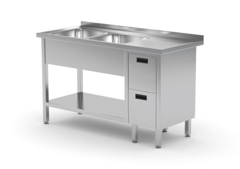 Stół Nierdzewny Gastronomiczny z 2 Zlewami + 2 Szuflady + Półka 150x60 Inoxo 225156