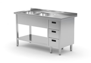 Stół Nierdzewny Gastronomiczny z 2 Zlewami + 3 Szuflady + Półka 140x70 Inoxo 225147-3