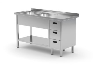 Stół Nierdzewny Gastronomiczny z 2 Zlewami + 3 Szuflady + Półka 160x70 Inoxo 225167-3