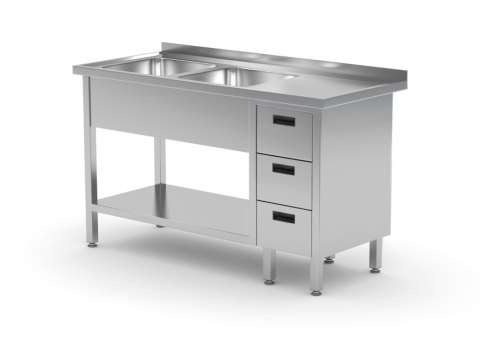 Stół Nierdzewny Gastronomiczny z 2 Zlewami + 3 Szuflady + Półka 170x60 Inoxo 225176-3