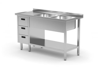 Stół Nierdzewny Gastronomiczny z 2 Zlewami + 3 Szuflady + Półka 170x70 Inoxo 225177-3