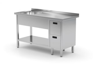 Stół Nierdzewny Gastronomiczny z Półką + Zlew + 2 Szuflady 110x60 Inoxo 215116