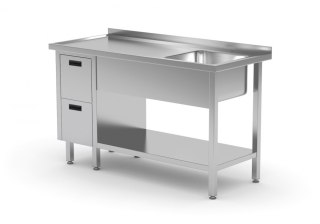 Stół Nierdzewny Gastronomiczny z Półką + Zlew + 2 Szuflady 130x60 Inoxo 215136