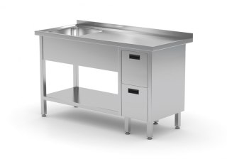 Stół Nierdzewny Gastronomiczny z Półką + Zlew + 2 Szuflady 160x60 Inoxo 215166
