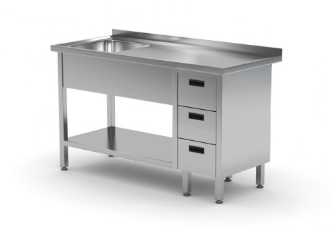 Stół Nierdzewny Gastronomiczny z Półką + Zlew + 3 Szuflady 110x60 Inoxo 215116-3
