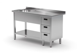 Stół Nierdzewny Gastronomiczny z Półką + Zlew + 3 Szuflady 120x60 Inoxo 215126-3