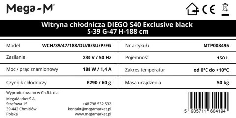 Profesjonalna Witryna Lodówka Chłodnicza 1-Drzwiowa 390x470x1880mm | MTP003495