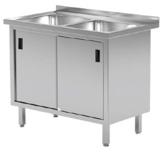 Szafka Nierdzewna Gastronomiczna z 2 Zlewami Drzwi Suwane 100x60 | HENDI 813690