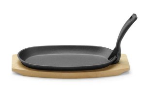 Półmisek Żeliwny z Drewnianą Podstawą i Uchwytem Czarny 280x140x30mm Owalny | HENDI 629383