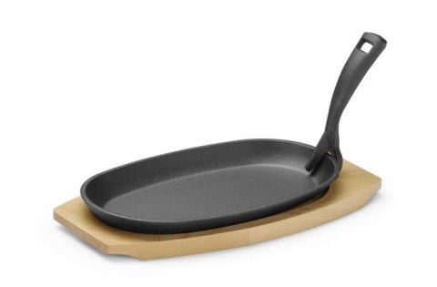 Półmisek Żeliwny z Drewnianą Podstawą i Uchwytem Czarny 280x140x30mm Owalny | HENDI 629383