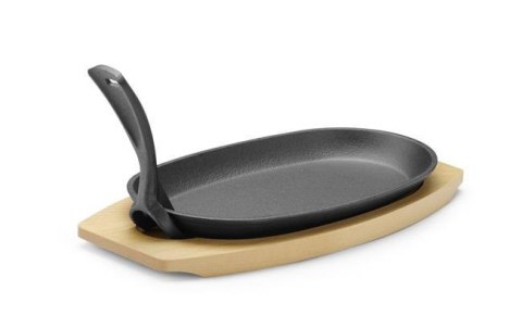 Półmisek Żeliwny z Drewnianą Podstawą i Uchwytem Czarny 280x140x30mm Owalny | HENDI 629383