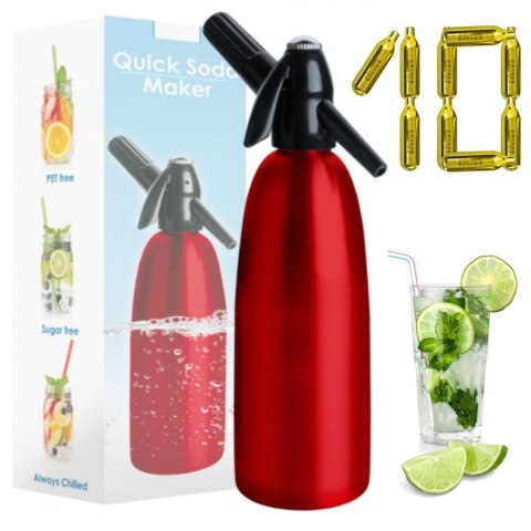 Czerwony Syfon do Wody Sodowej Saturator 1l + Zestaw Naboi Co2 10 Szt. | ART QUICK SODA SA-01D_10