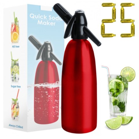 Czerwony Syfon do Wody Sodowej Saturator 1l + Zestaw Naboi Co2 25 Szt. | ART QUICK SODA SA-01D_25
