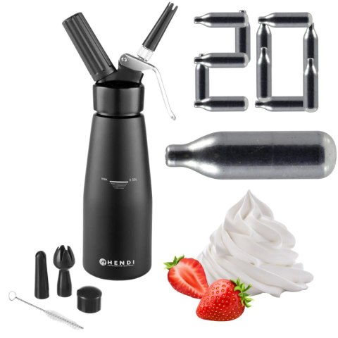 Czarny Syfon do Bitej Śmietany Dekorator Dozownik + Naboje N2O 20 Szt | HENDI 588420_20