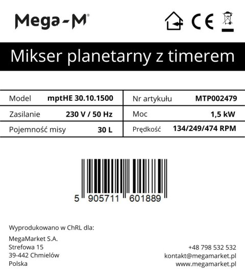 Mikser planetarny z timerem 30l mptHE 30.10.1500 profesjonalny MTP002479