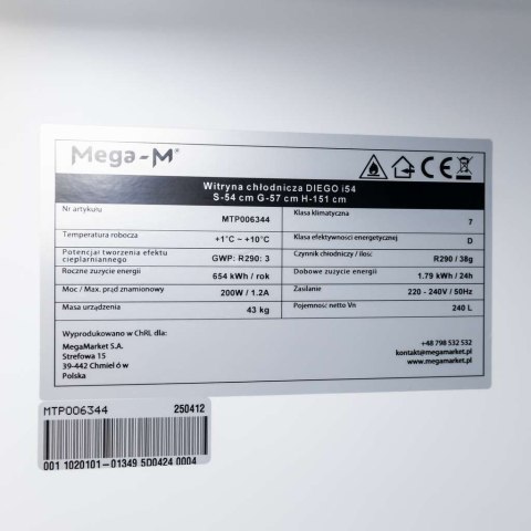 Witryna chłodnicza 1 drzwiowa 240l Diego i54 LED czarna MTP006344