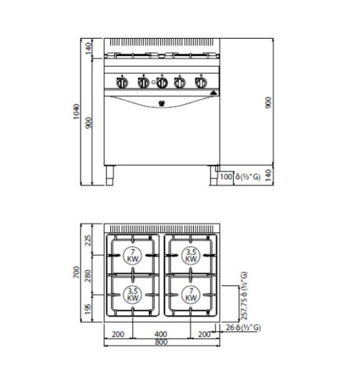 Kuchnia HIGH POWER gazowa 4-palnikowa z piekarnikiem GN2/1 21 kW + 7,8 kW,G7F4+FG Berto's