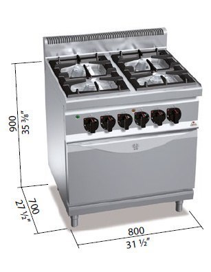 Kuchnia HIGH POWER gazowa 4-palnikowa z piekarnikiem elektrycznym GN2/1 21 kW + 7,5 kW/400V,G7F4+FE Berto's