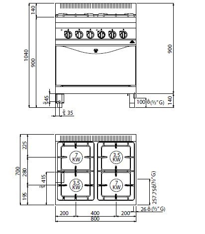 Kuchnia HIGH POWER gazowa 4-palnikowa z piekarnikiem elektrycznym GN2/1 21 kW + 7,5 kW/400V,G7F4+FE Berto's