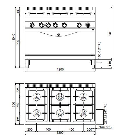 Kuchnia HIGH POWER gazowa 6-palnikowa z piekarnikiem 1051x530 mm 31,5 kW + 12 kW G7F6+T Berto's