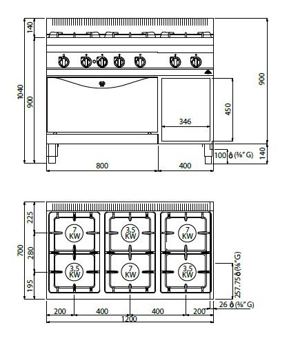 Kuchnia HIGH POWER gazowa 6-palnikowa z piekarnikiem GN2/1 31,5 kW + 7,8 kW,G7F6+FG Berto's