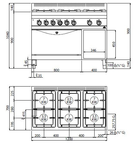 Kuchnia HIGH POWER gazowa 6-palnikowa z piekarnikiem elektrycznym GN2/1 31,5 kW + 7,5 kW/400V G7F6+FE Berto's