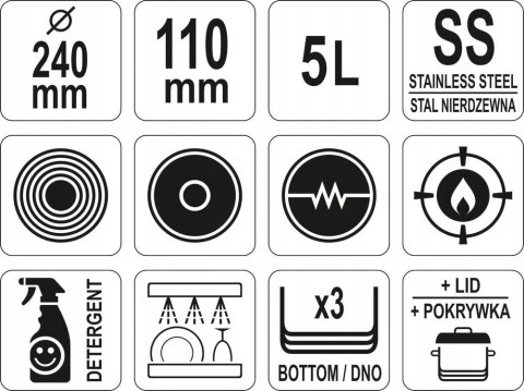 Profesjonalny Rondel Gastronomiczny z Pokrywką Nierdzewną 5l Yato YG-00062