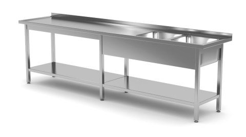 Stół Nierdzewny Gastronomiczny Z Półką + 2 Zlewy 240x60x85 Polgast 222246-6 Stół Nierdzewny Gastronomiczny Z Półką + 2 Zlewy 240x60x85 Polgast 222246-6