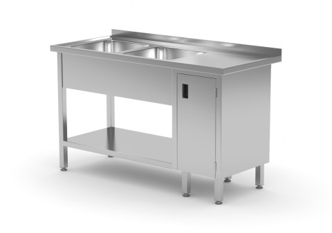 Stół Nierdzewny Gastronomiczny Z Półką + 2 Zlewy + Szafka 180x60x85 Polgast 226186 Stół Nierdzewny Gastronomiczny Z Półką + 2 Zlewy + Szafka 180x60x85 Polgast 226186