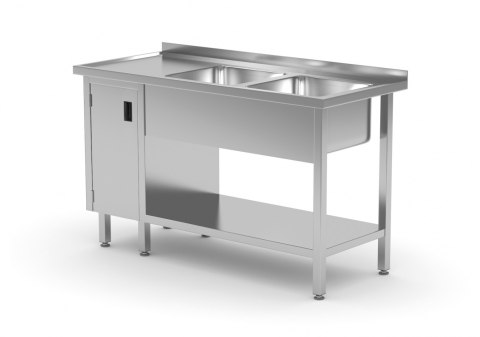 Stół Nierdzewny Gastronomiczny Z Półką + 2 Zlewy + Szafka 180x60x85 Polgast 226186 Stół Nierdzewny Gastronomiczny Z Półką + 2 Zlewy + Szafka 180x60x85 Polgast 226186