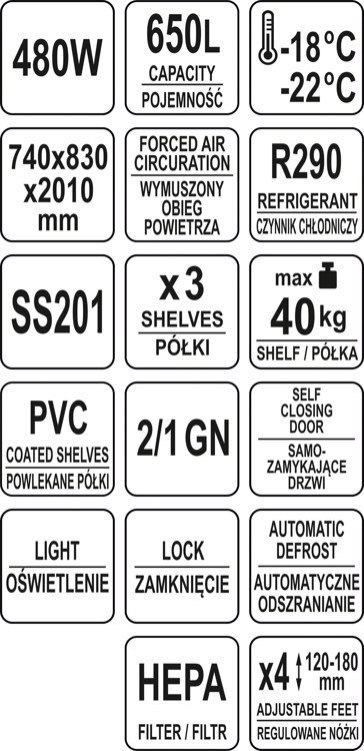 Szafa Mroźnicza Zamrażarka Pionowa Nierdzewna 650l GN 2/1 Yato YG-05201