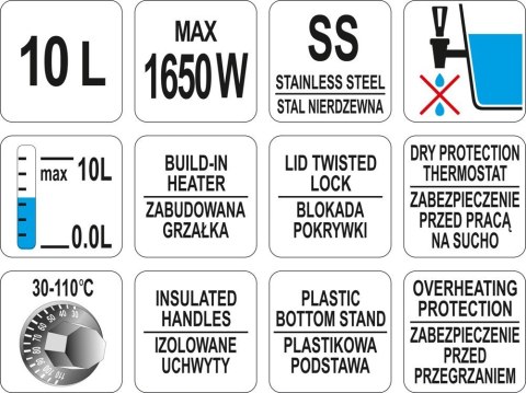 Warnik do Wody 10l Podgrzewacz Elektryczny Nierdzewny 1650W Yato YG-04310