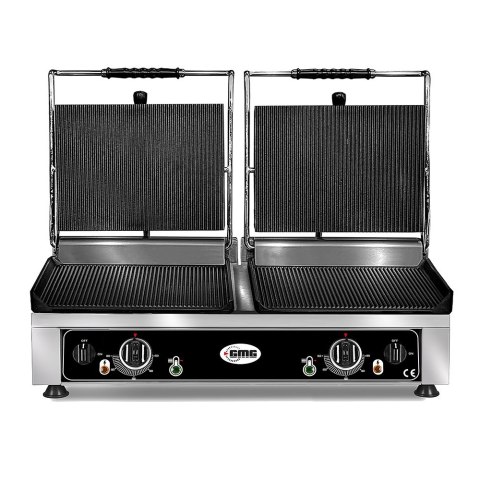 GMG - Kontakt grill podwójny - ▲ & ▼ Ryflowane - z płytami żeliwnymi, Tacka na tłuszcz i regulator temperatury 50° - 300° C GMG - Kontakt grill podwójny - ▲ & ▼ Ryflowane - z płytami żeliwnymi, Tacka na tłuszcz i regulator temperatury 50° - 300° C