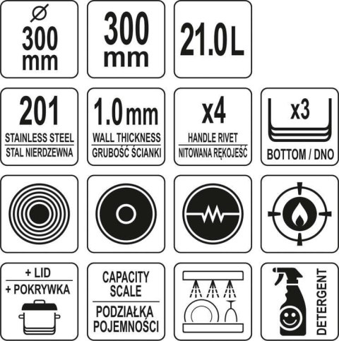 Profesjonalny Garnek Wysoki z Pokrywką 30x30 21l Yato YG-00014