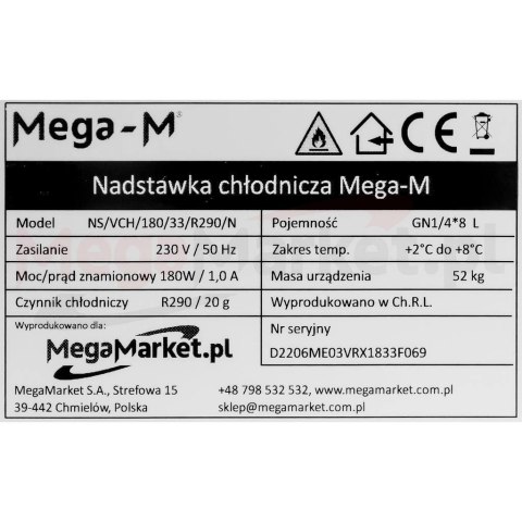 Nadstawka chłodnicza do baru kebaba 8x GN 1/4 180cm/33cm