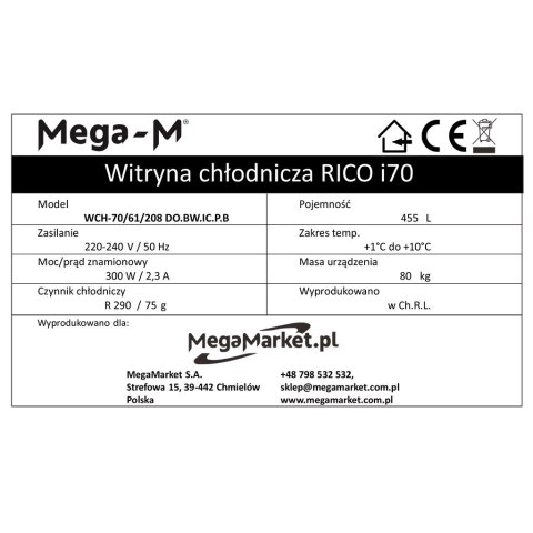 Witryna Chłodnicza Gastronomiczna Sklepowa Rico 455l H=208 Cm