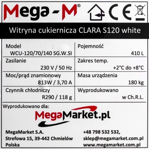 Witryna Cukiernicza Do Kawiarni Clara S120 White 120x70x140