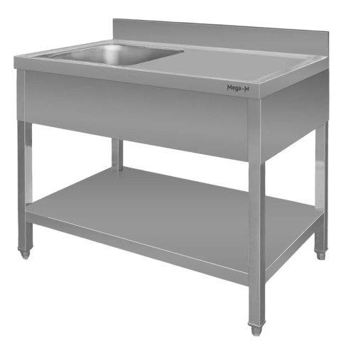 Zlew gastronomiczny z komorą po lewej stronie z maskownicą i półką 100x60x85 Mega-M Zlew gastronomiczny z komorą po lewej stronie z maskownicą i półką 100x60x85 Mega-M