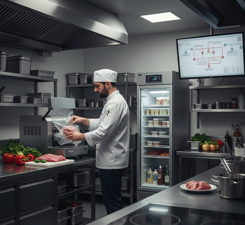 Kucharz w profesjonalnej kuchni przygotowujący żywność zgodnie z technologią HACCP i wymogami Sanepidu